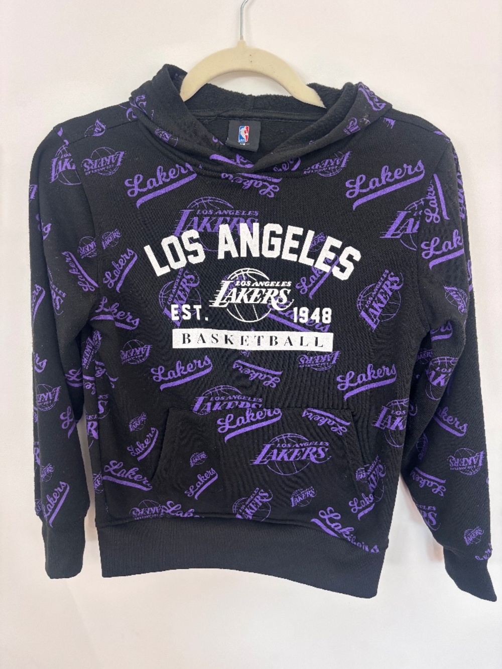 NBA Los Angeles Lakers Hoodie Youth 8 Black Purple Allover Script Graphic